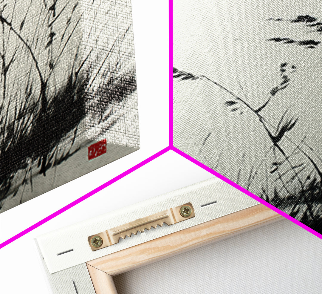 Elegant Black And White Ink Painting Of Windblown Grass Minimalist Wall Art Framed Canvas Print Natural Home Decor