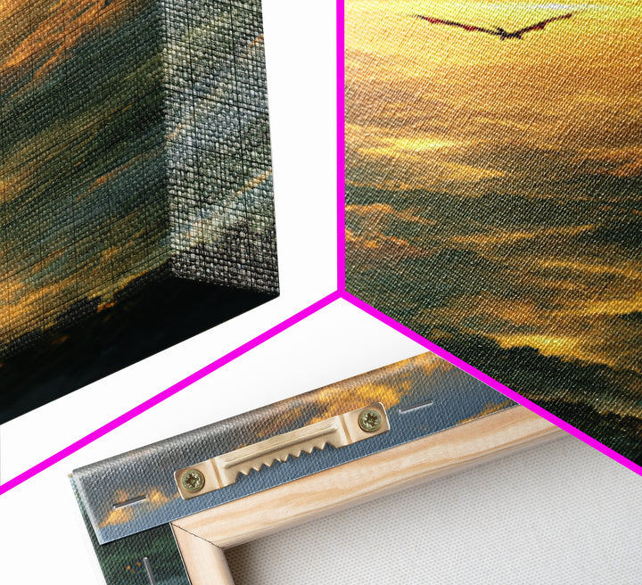 Golden Dragon Above Misty Valley Framed Canvas Print, Fantasy Landscape Wall Decor, Epic Castle Art For Living Room Home Decor
