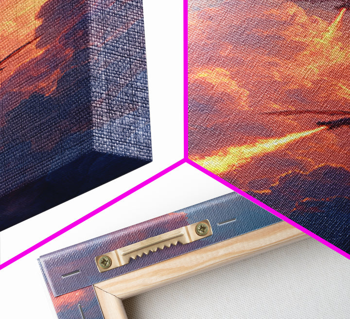 Dragons Breathing Fire Through Sunset Clouds Canvas Print, Fantasy Sky Wall Art, Vibrant Large Statement Living Room Home Decor