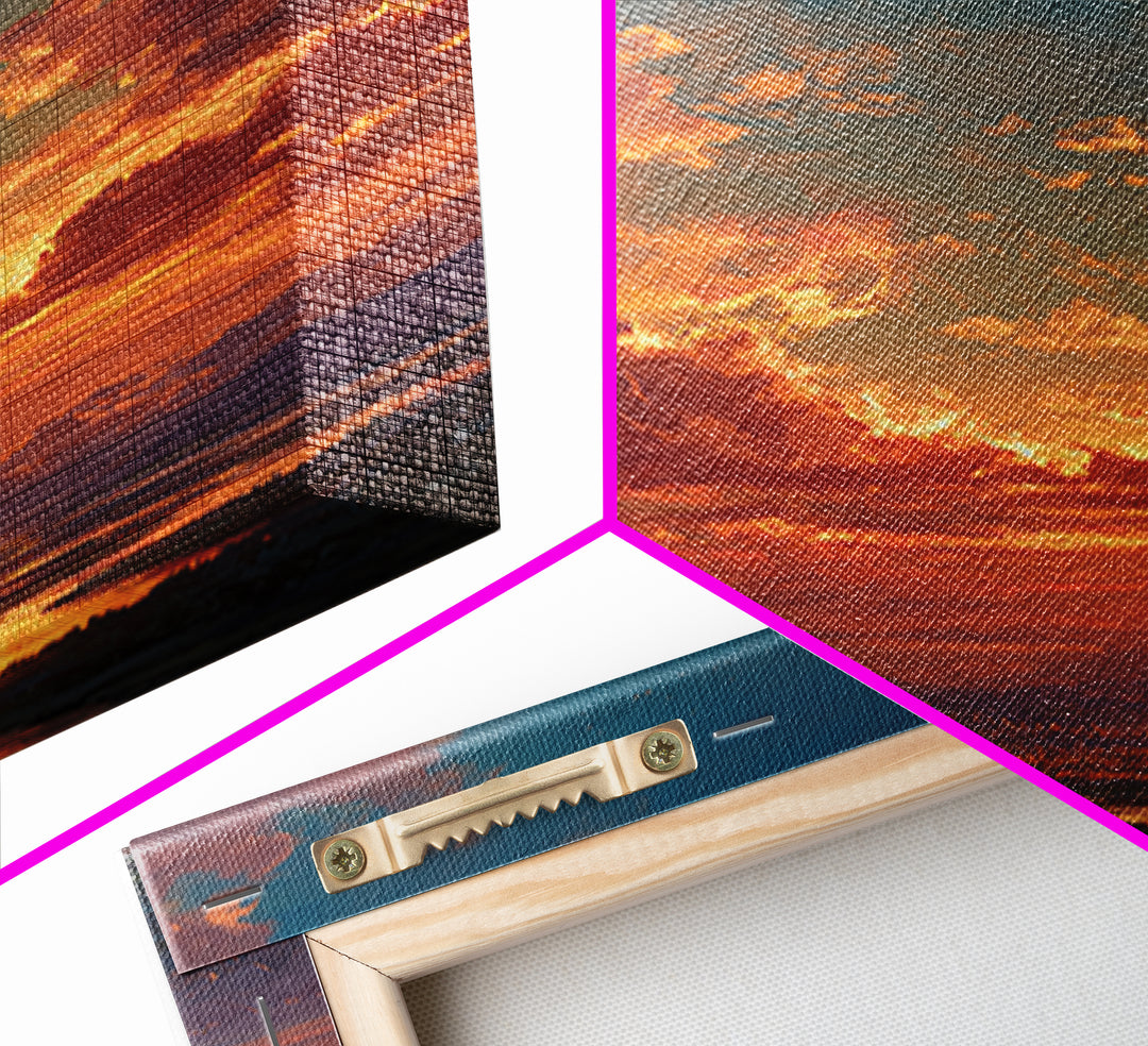 Sunset Dragon Above Spired City Framed Canvas Print, Fantasy Landscape Wall Art, Castle Decor For Living Room, Epic Home Decor