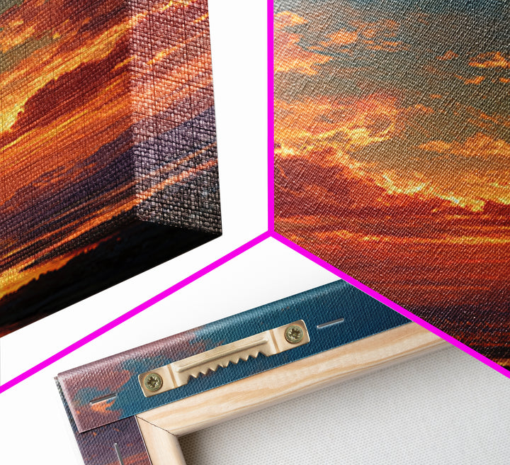 Sunset Dragon Above Spired City Framed Canvas Print, Fantasy Landscape Wall Art, Castle Decor For Living Room, Epic Home Decor