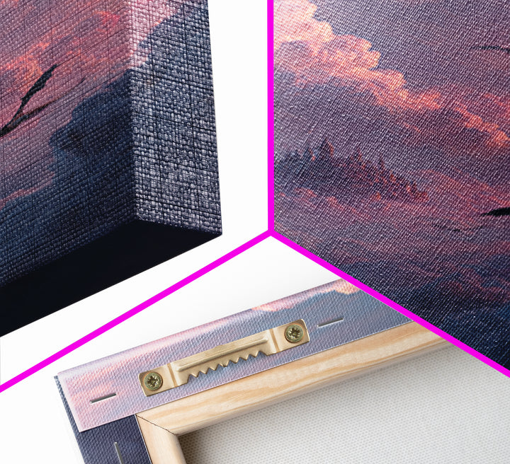 Pink Cloud Castle With Flying Dragons Canvas Print, Dreamy Fantasy Wall Art, Soft Pastel Celestial Nursery And Bedroom Decor