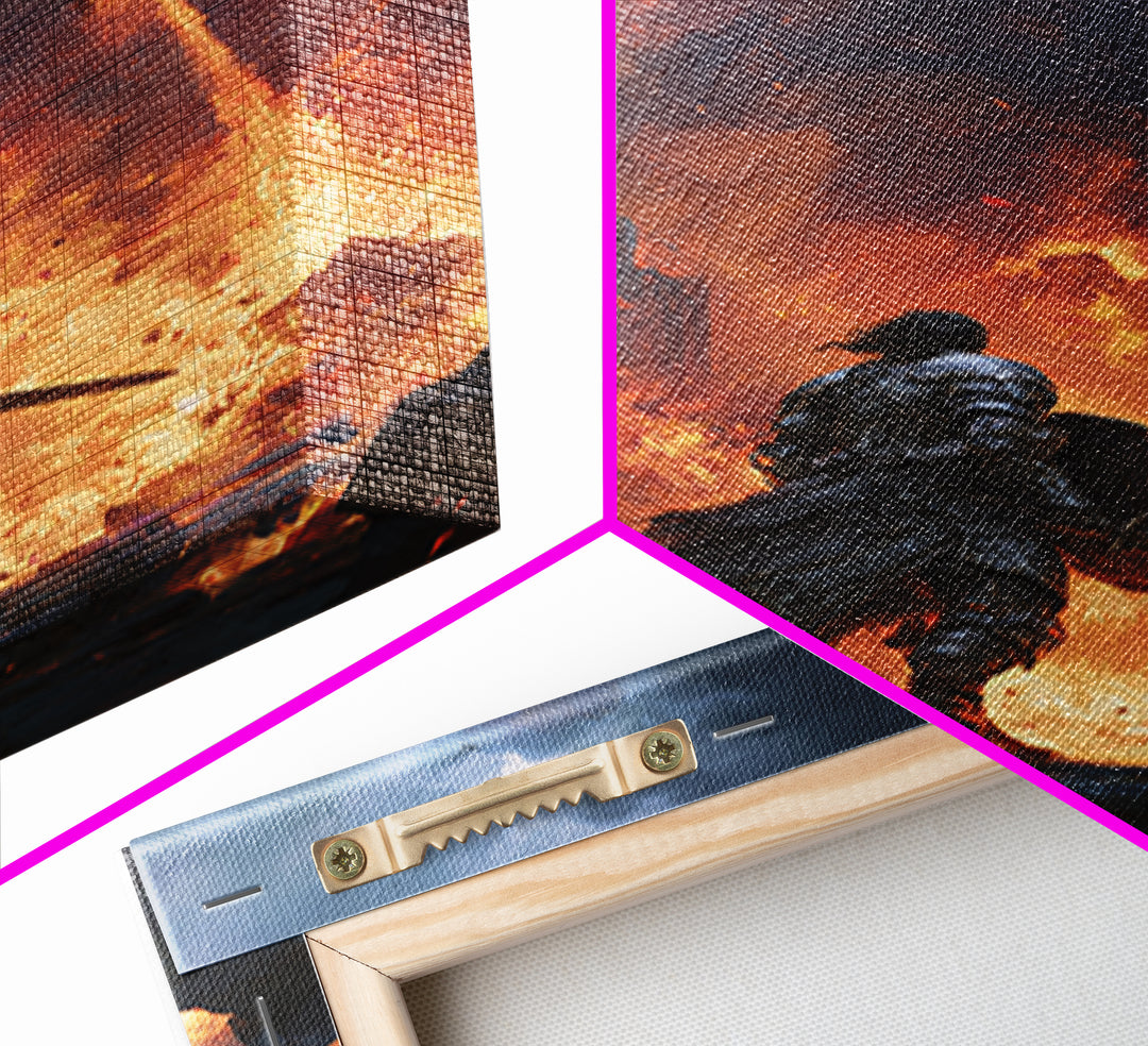 Dragon Battle Knight In Burning Castle Wall Art, Fantasy Warrior Canvas, Dark Medieval Decor, Epic Gothic Gift Print For Him