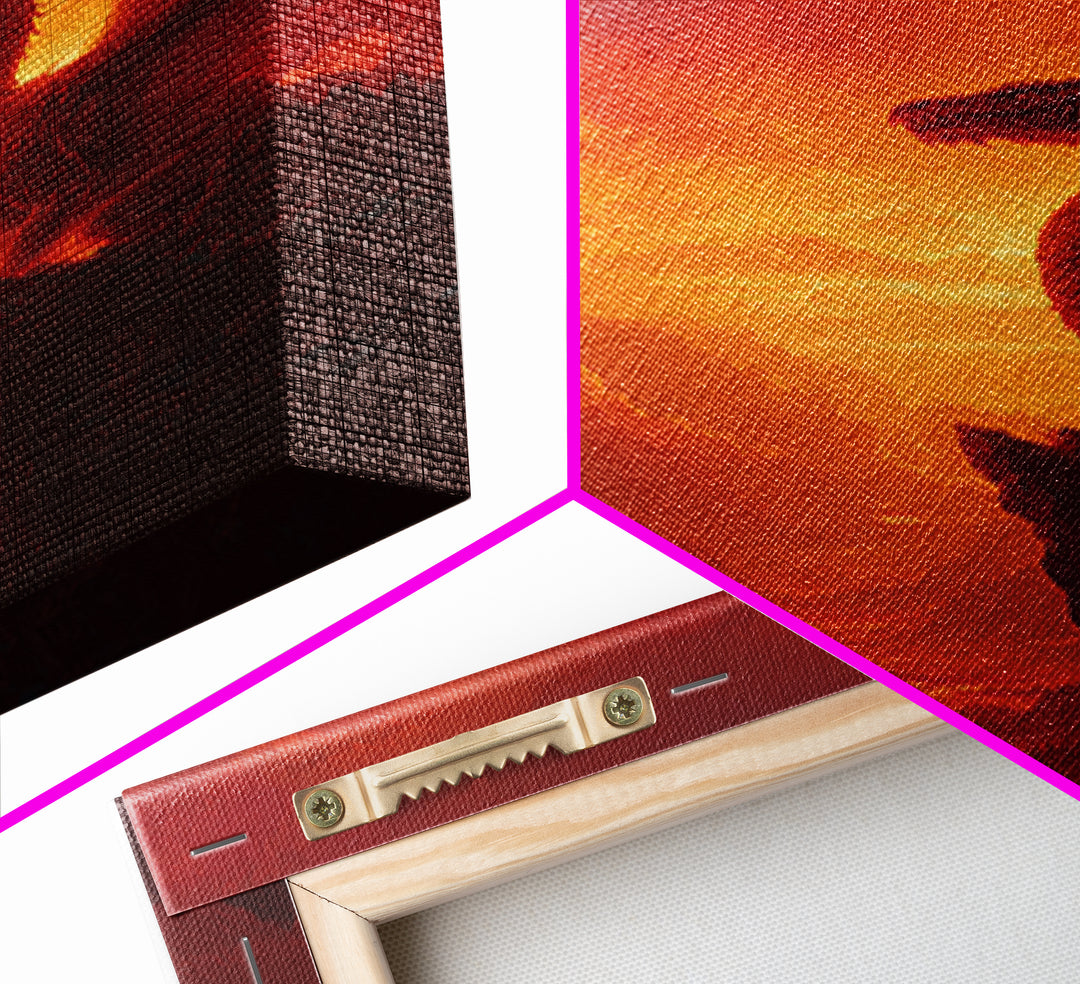 Red Dragon On Mountain Cliff Wall Art, Fantasy Landscape Canvas Print, Sunset Painting, Medieval Castle Decor Gift For Him Home Decor