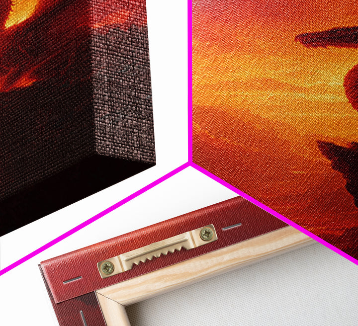 Red Dragon On Mountain Cliff Wall Art, Fantasy Landscape Canvas Print, Sunset Painting, Medieval Castle Decor Gift For Him Home Decor