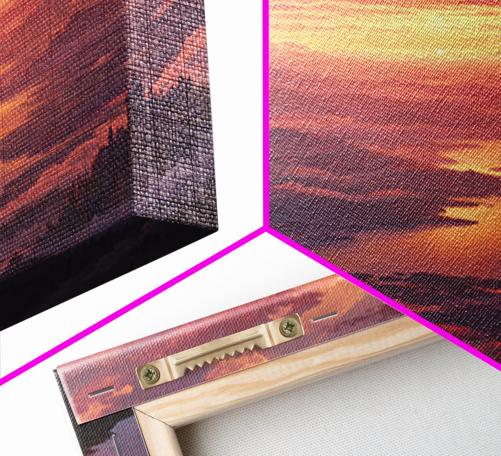 Wizards Watching Dragon Over Sunset Valley Wall Art, Fantasy Landscape Canvas Print, Magical Castle Decor Gift For Him Home Decor