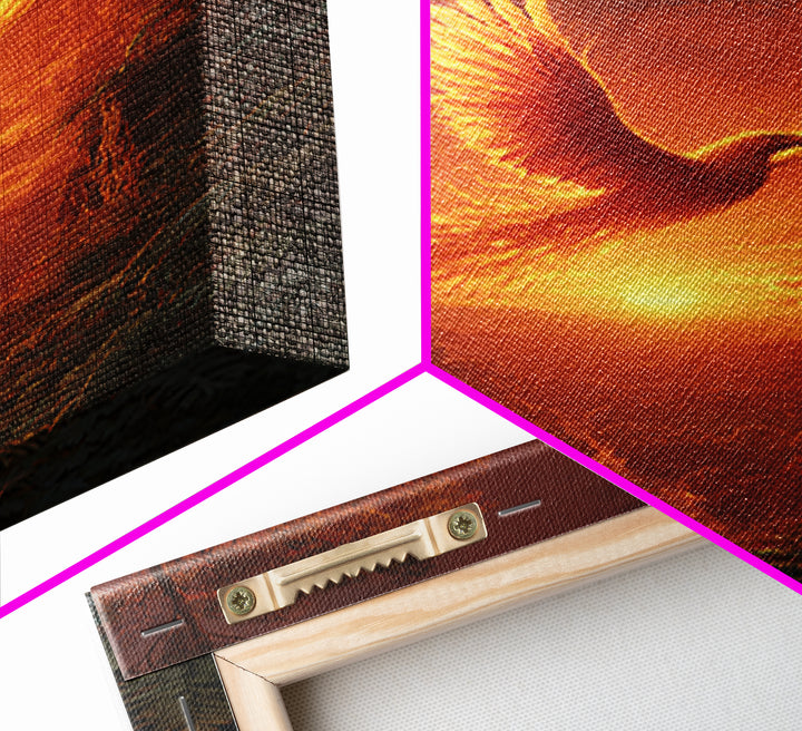 Fiery Phoenix Soaring Over Sunset Canyon Canvas Print, Fantasy Bird Wall Art, Dramatic Orange Home Decor, Mythical Artwork