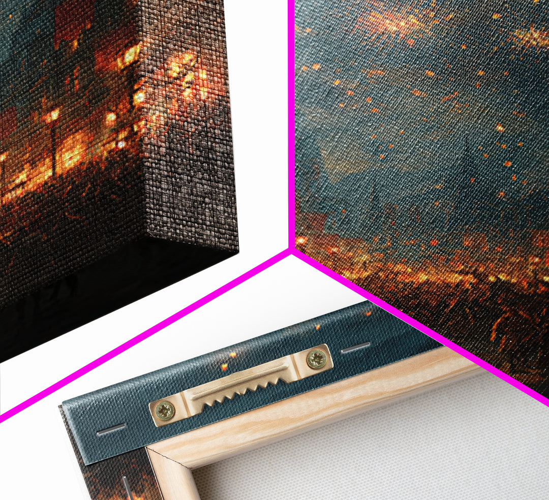 Medieval Festival Street With Fireworks Wall Art, Fantasy City Canvas, Dark Academia Decor, Gothic Town Celebration Print