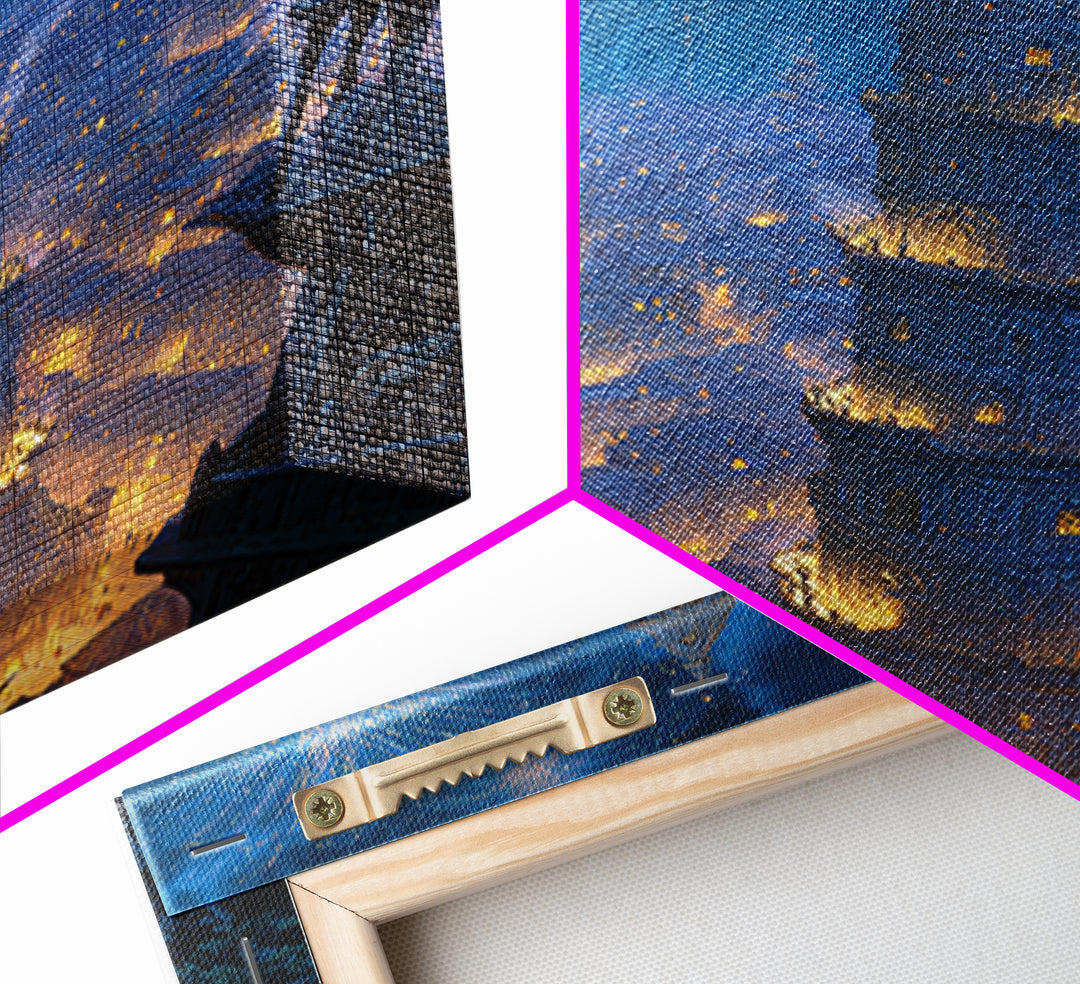 Blue Fireworks Over Magical City Tower Canvas Print, Fantasy Wall Art, Medieval Celebration Decor, Enchanted Skyline Art