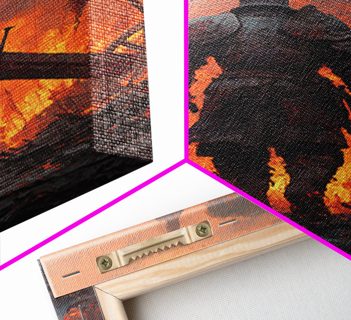 Armored Knight Walking Through Burning Battlefield Wall Art, Dark Fantasy Canvas, Medieval Warrior Decor, Dramatic Fire Art Print