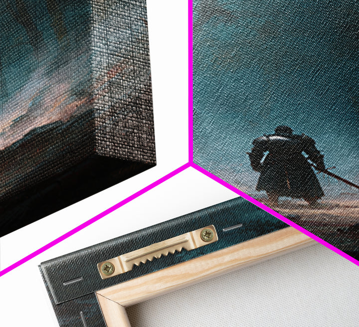 Lone Knight In Misty Haunted Forest Canvas Print, Dark Fantasy Wall Art, Gothic Woodland Decor, Warrior Landscape Artwork