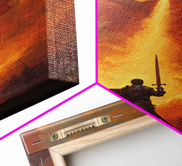 Lone Swordsman Facing Fire Breathing Red Dragon Wall Art, Epic Fantasy Canvas Print, Medieval Battle Living Room Decor Gift
