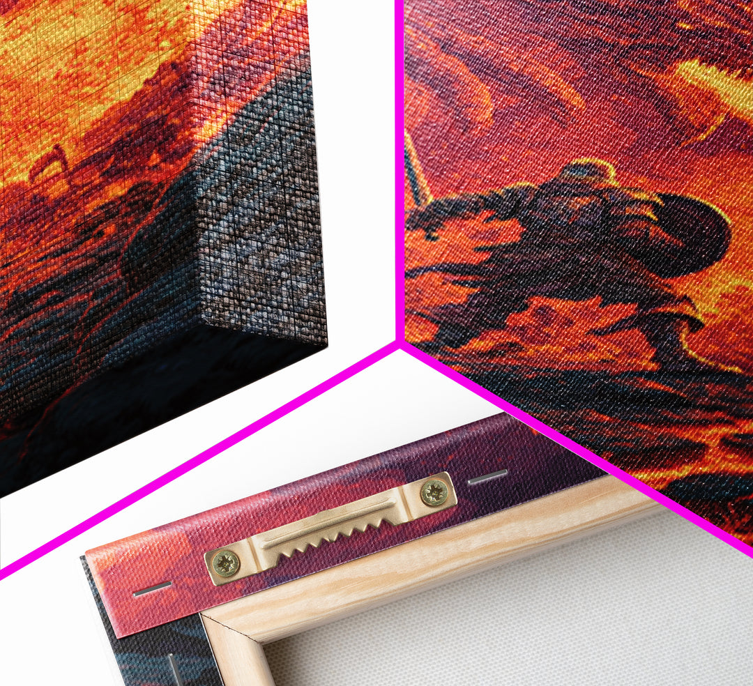 Knight Charging Through Lava Toward Fire Dragon Wall Art, Dark Fantasy Framed Canvas Print, Medieval Battle Game Room Decor