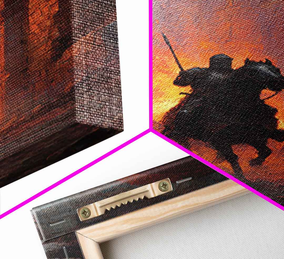 Mounted Knight Riding Through Burning Stone Arch Wall Art, Dark Fantasy Framed Canvas Print, Medieval Castle Home Decor Gift
