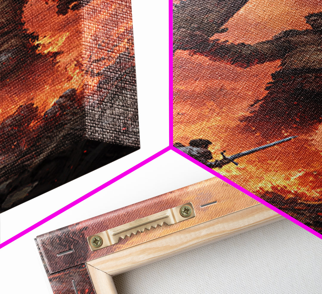 Knight Fighting Giant Ogre In Burning City Wall Art, Dark Fantasy Canvas Print, Medieval Monster Battle Game Room Decor Gift