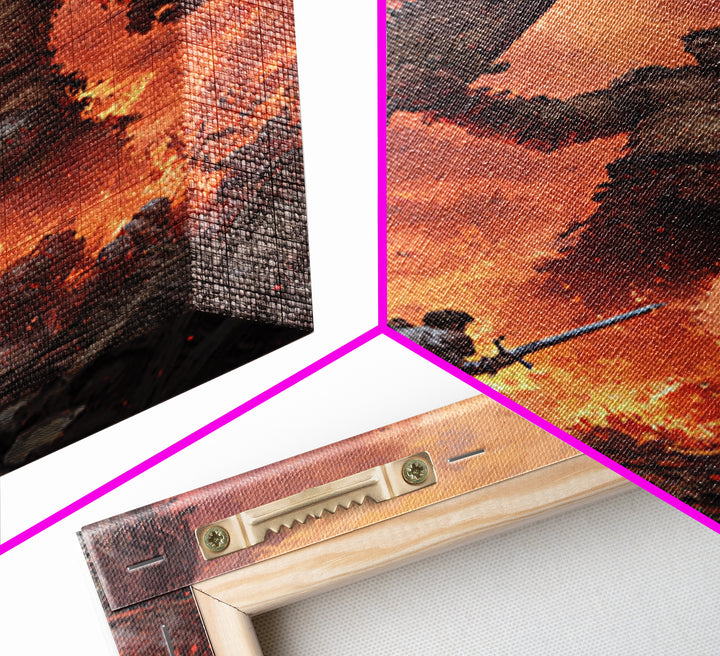 Knight Fighting Giant Ogre In Burning City Wall Art, Dark Fantasy Canvas Print, Medieval Monster Battle Game Room Decor Gift