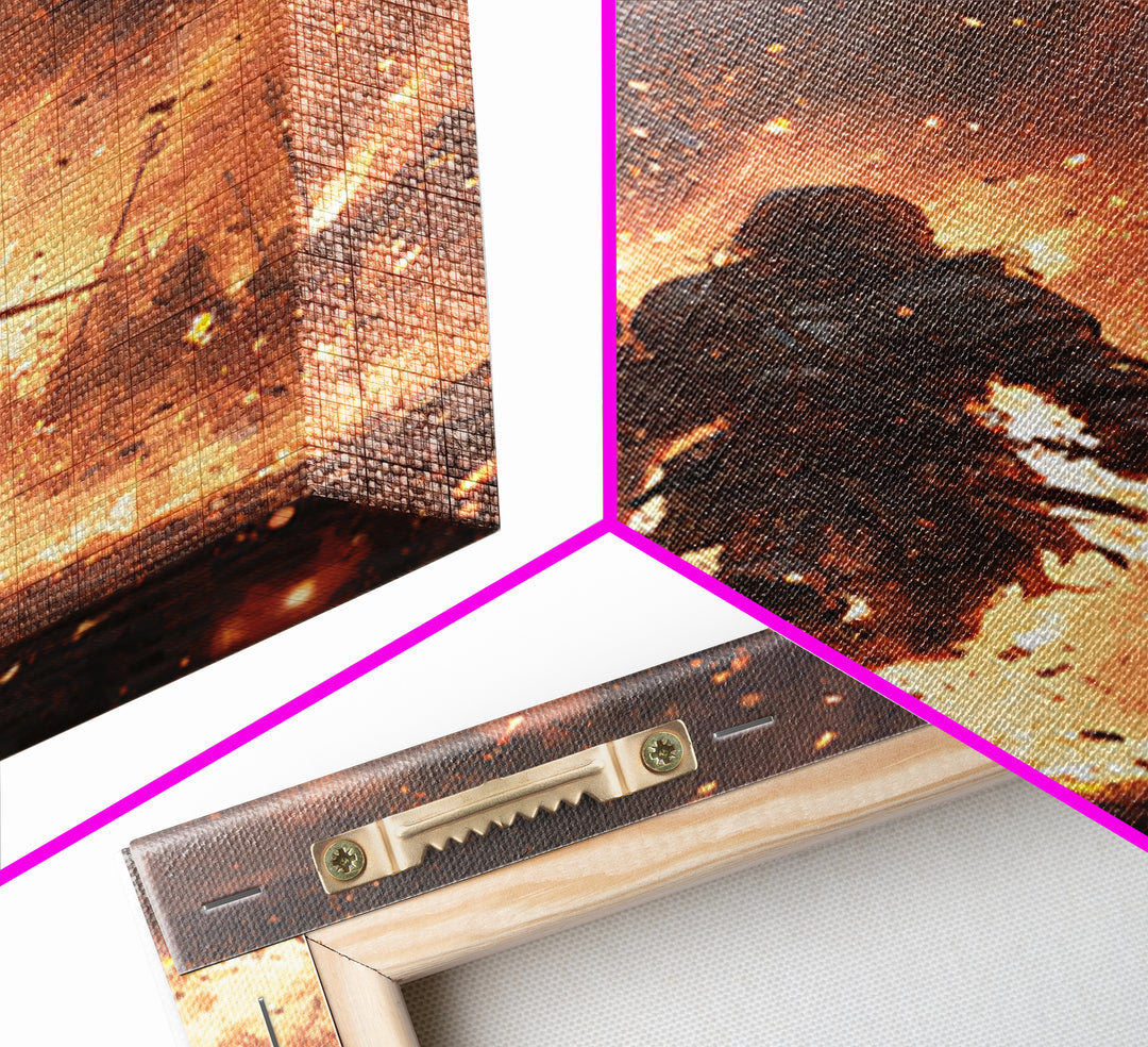 Knight Running Through Fire Wall Art, Dark Fantasy Medieval Battle Print, Gothic Warrior Canvas Decor, Dramatic Game Room Art