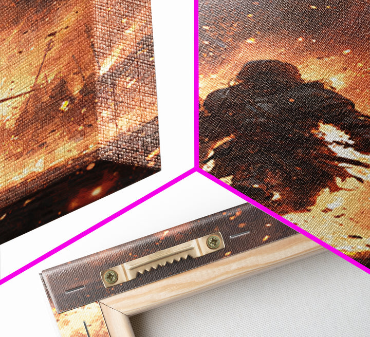 Knight Running Through Fire Wall Art, Dark Fantasy Medieval Battle Print, Gothic Warrior Canvas Decor, Dramatic Game Room Art