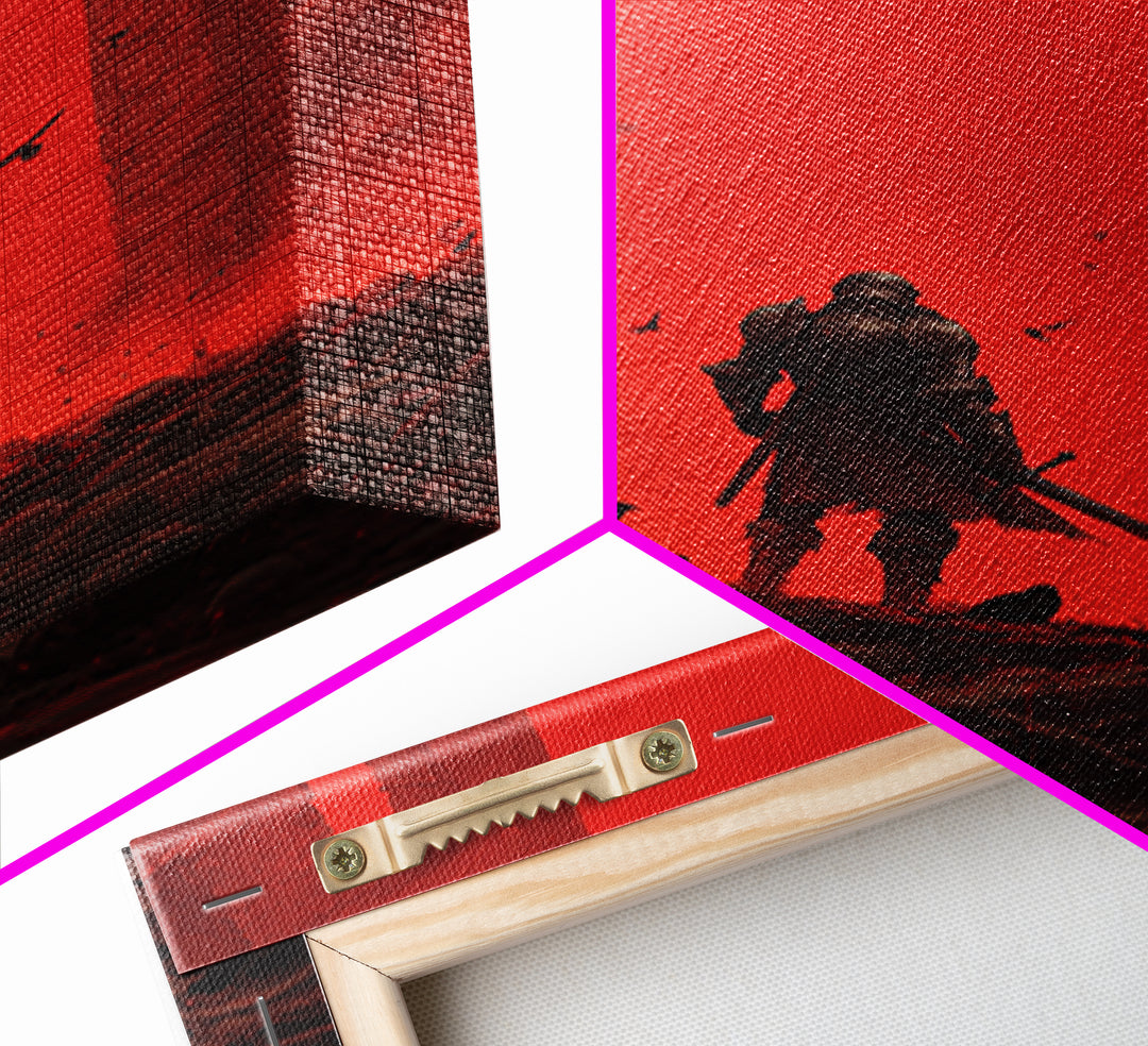 Knight In Crimson Ruins Wall Art, Dark Fantasy Red Gothic Print, Medieval Warrior Decor, Crows And Skulls, Bold Wall Decor