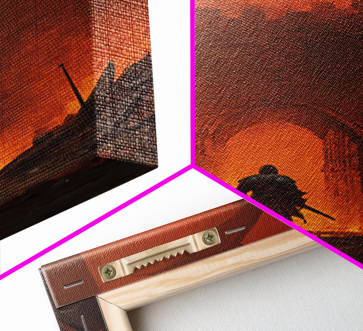 Knight At Burning Castle Gate Wall Art, Dark Fantasy Dragon Print, Medieval Warrior Decor, Gothic Game Room Artwork Gift