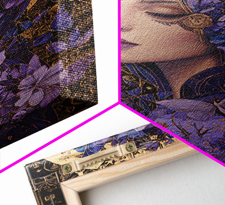 Purple Floral Goddess Portrait Wall Art, Art Nouveau Butterfly Decor, Feminine Celestial Canvas Print, Gift For Her, Boho Wall Decor