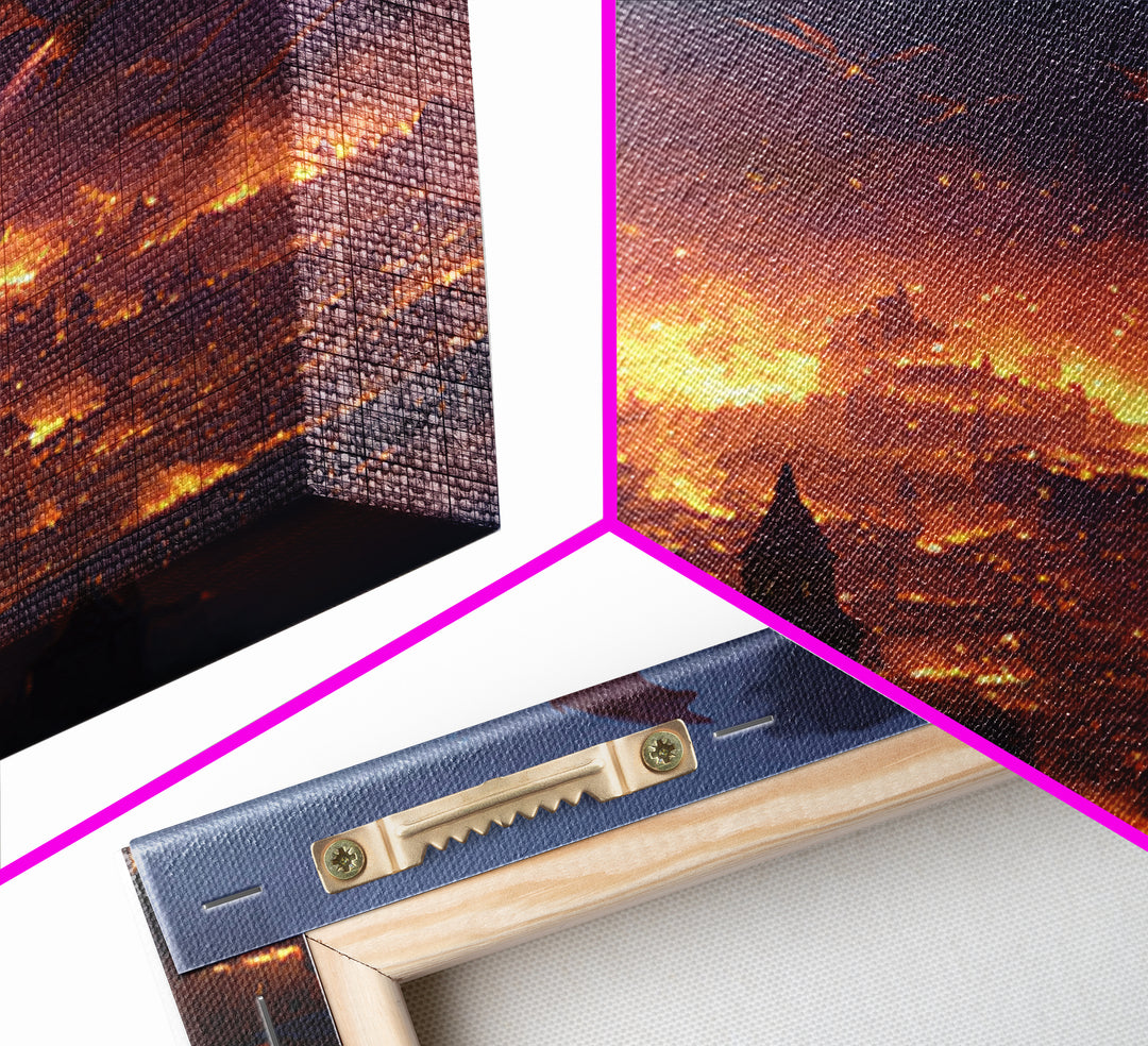 Burning Dragon Siege Over Medieval City Wall Art, Dark Fantasy Canvas Print, Gothic Castle Decor, Epic Fire Dragon Artwork