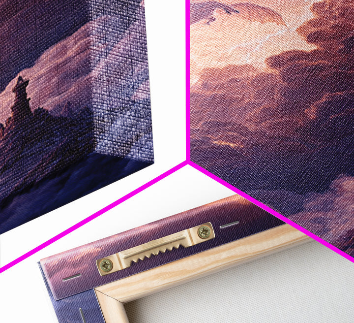 Dragon Flying Through Thunderclouds Framed Canvas Print, Fantasy Wall Art, Moody Sky Landscape, Castle Tower Decor, Epic Fantasy Gift