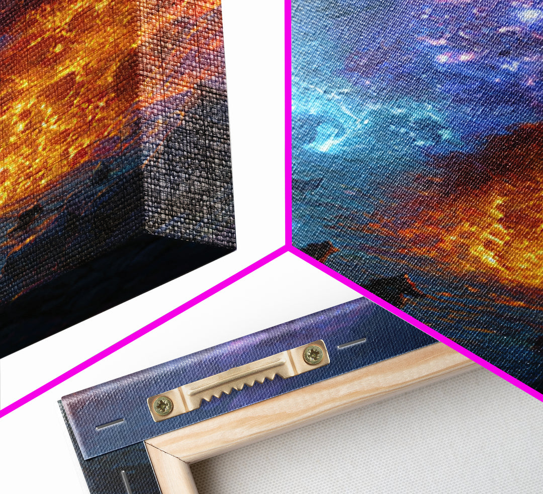Elemental Fire And Ice Battle Wall Art, Epic Fantasy Canvas Print, Surreal Magic Landscape, Dramatic Warrior Decor, Adventure Artwork