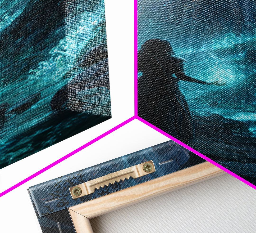 Glowing Crystal Cavern Sorceress Wall Art, Fantasy Art Print, Mystical Blue Cave Decor, Witchy Home Decor Gift For Her, Room Decor