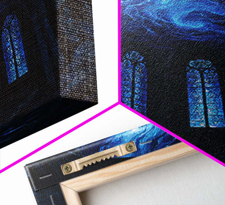 Blue Cosmic Chapel Ruins Canvas Print, Celestial Wall Art, Gothic Architecture Decor, Dark Academia Fantasy Art Print, Home Decor