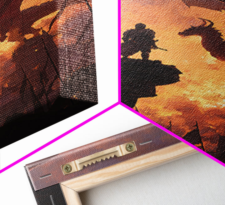 Knight Facing Red Dragon Wall Art, Epic Fantasy Canvas Print, Medieval Castle Decor, Dragon Artwork Gift For Him, Living Room Decor