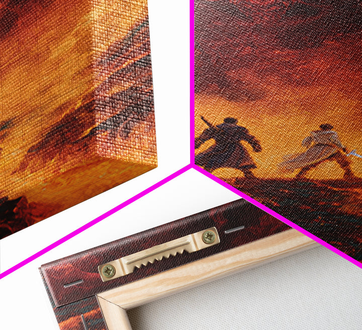 Fiery Demon And Lava Warriors Wall Art, Dark Fantasy Battle Canvas, Gothic Game Room Decor, Epic Dragon Gift For Him, Large Print