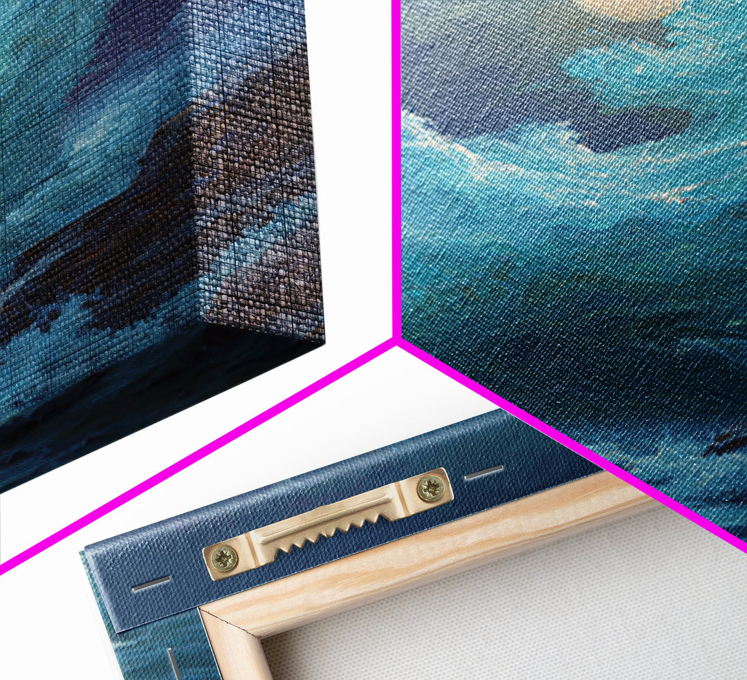 Moonlit Turquoise Wave Canvas Print, Dramatic Ocean Seascape Wall Decor, Coastal Fantasy Art For Bedroom And Living Room