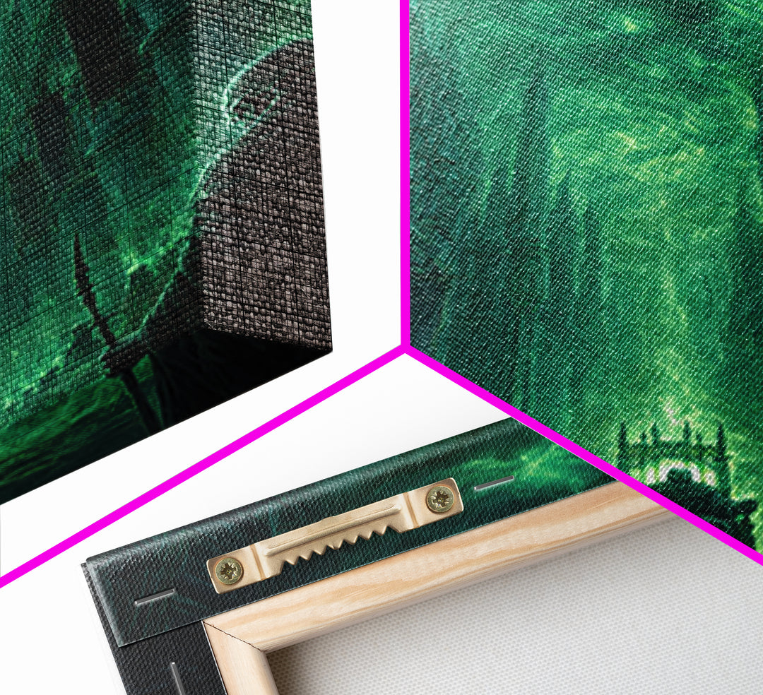 Emerald Gothic Throne Room Framed Canvas Print, Dark Fantasy Cathedral Wall Art, Moody Occult Decor For Office Or Library
