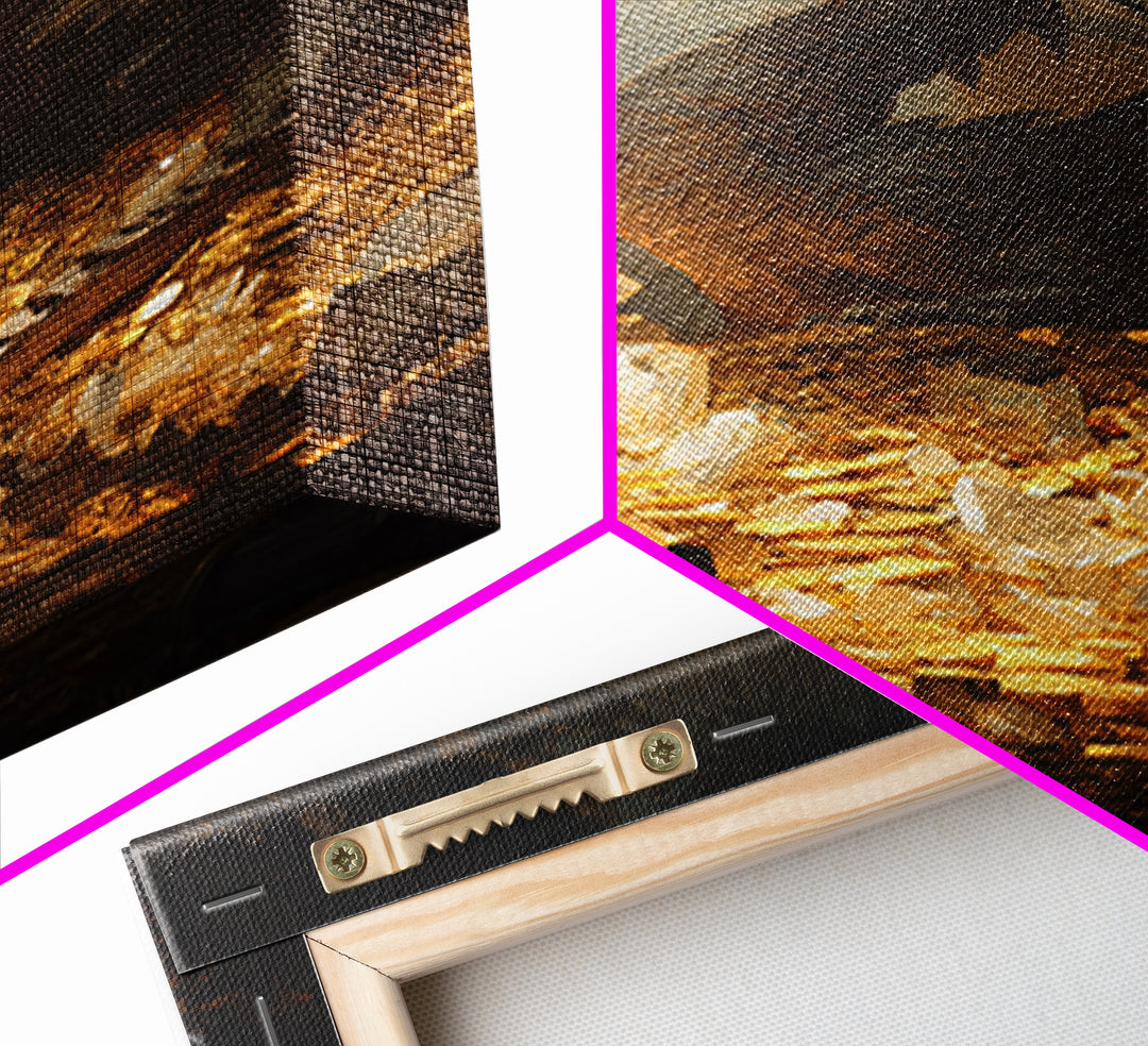 Dragon Guarding Crystal Treasure Framed Canvas Print, Dark Fantasy Cave Wall Art, Mythical Gold Hoard Decor For Gamer Room
