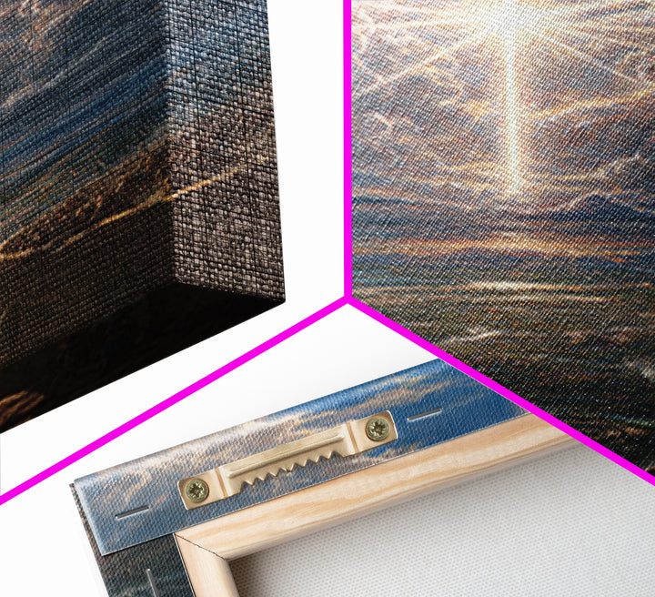 Radiant Cross In Storm Clouds Framed Canvas Print, Christian Wall Art, Celestial Landscape Art, Spiritual Home Decor Gift