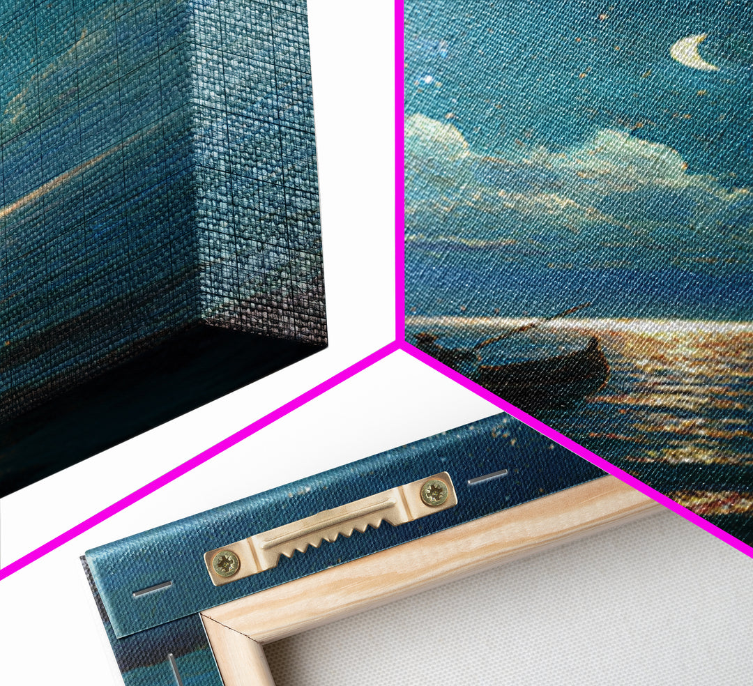 Moonlit Blue Boat And Castle Canvas Print, Celestial Wall Art, Fantasy Seascape Painting, Starry Night Decor, Gift For Her