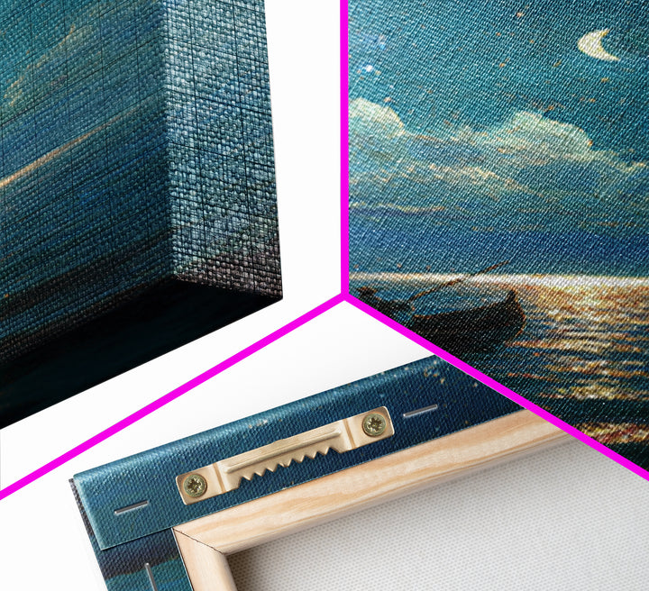 Moonlit Blue Boat And Castle Canvas Print, Celestial Wall Art, Fantasy Seascape Painting, Starry Night Decor, Gift For Her