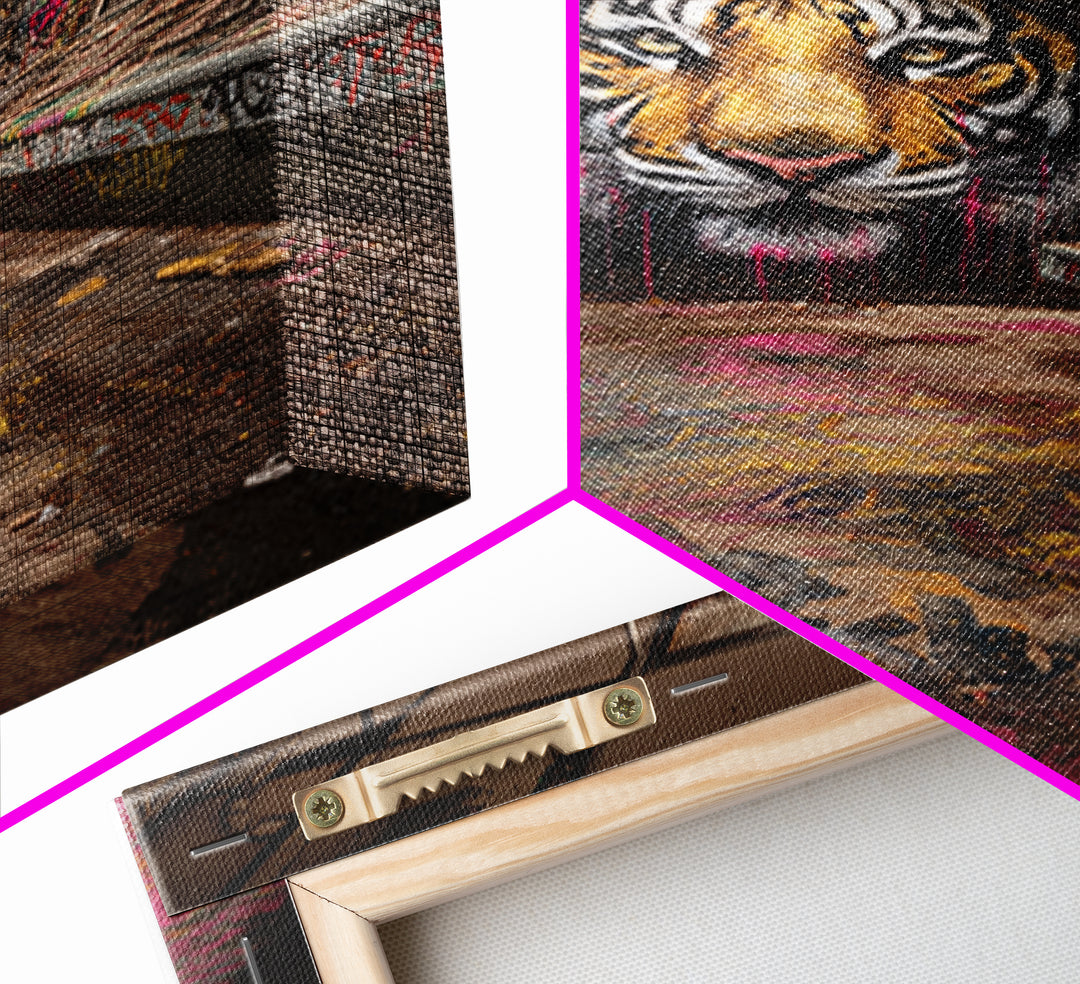 Tiger Mural In Abandoned Control Room Wall Art Urban Graffiti Canvas Print, Bold Animal Decor For Game Room Or Office Gift