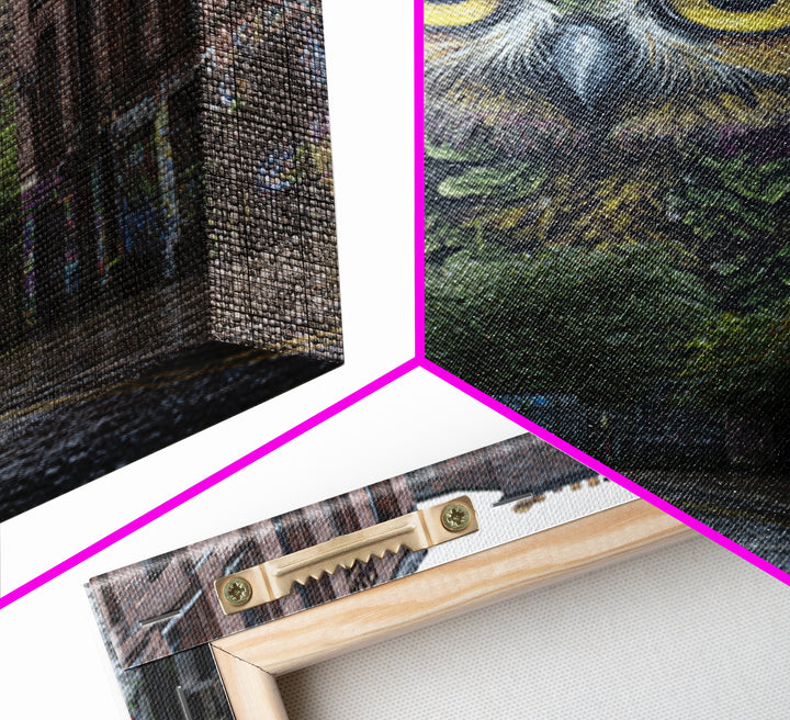 Large Vibrant Owl Mural Painted On Brick Building Wall In City Street - Original Wall Art Canvas Print For Urban Decor