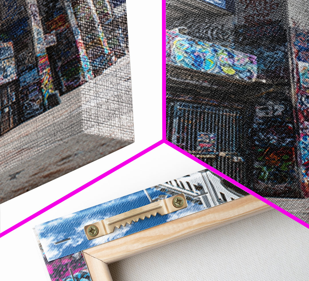 Abandoned Urban Street Art Graffiti Wall With Blue Sky | Vibrant Modern Wall Art Print For Home Decor Framed Canvas Print