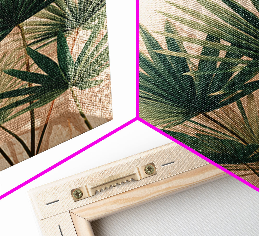 Green Fan Palm Botanical Wall Art, Tropical Leaf Canvas Print, Coastal Boho Living Room Decor, Large Nature Inspired Art