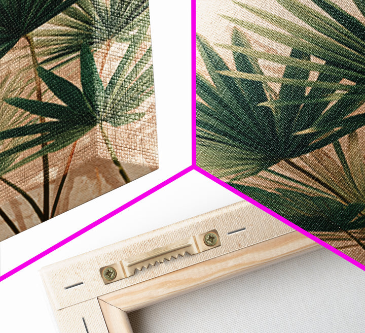 Green Fan Palm Botanical Wall Art, Tropical Leaf Canvas Print, Coastal Boho Living Room Decor, Large Nature Inspired Art