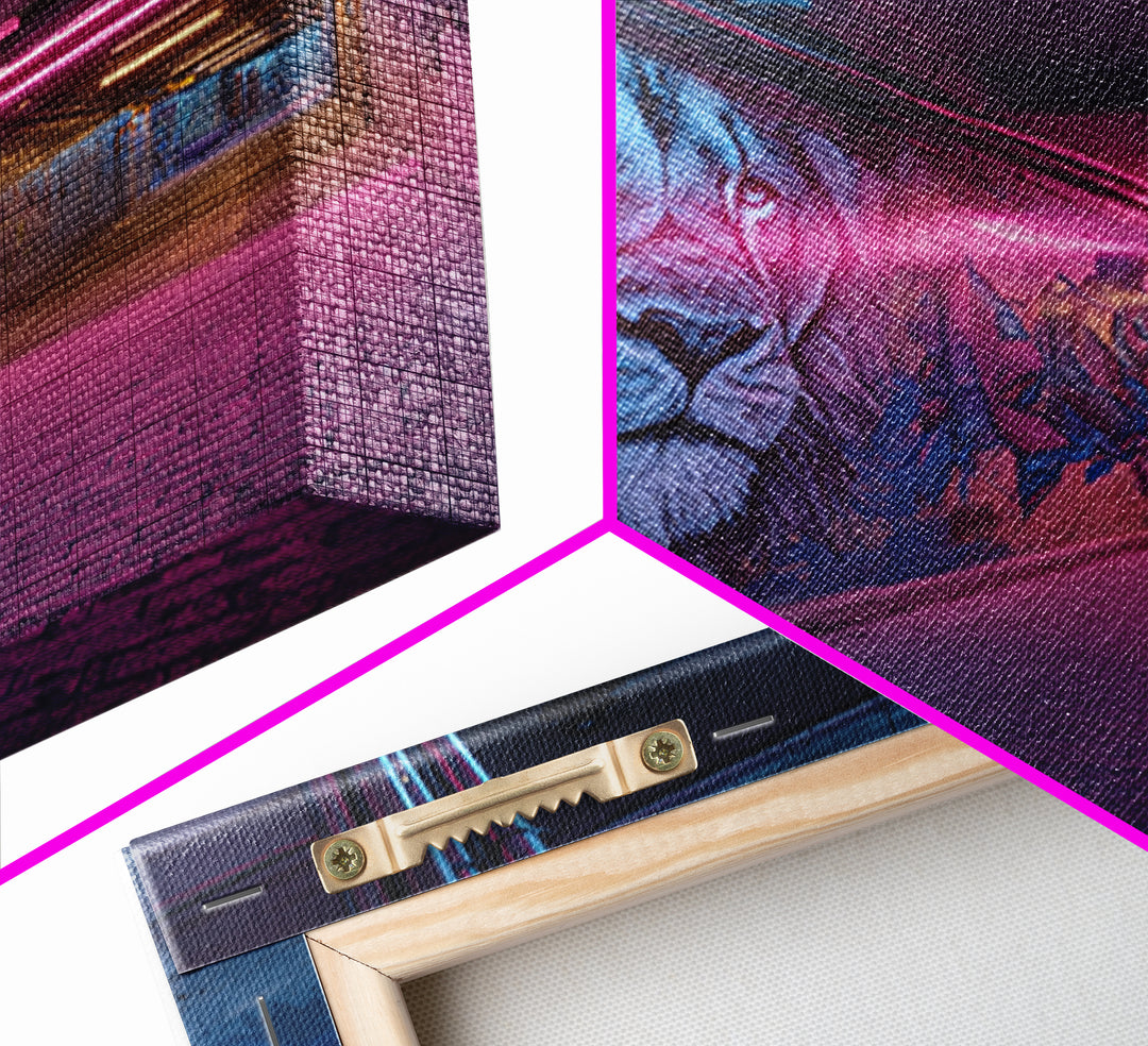 Vibrant Neon Alleyway Street Art With Majestic Lion Mural Wall Art Framed Canvas Print For Urban Home Decor