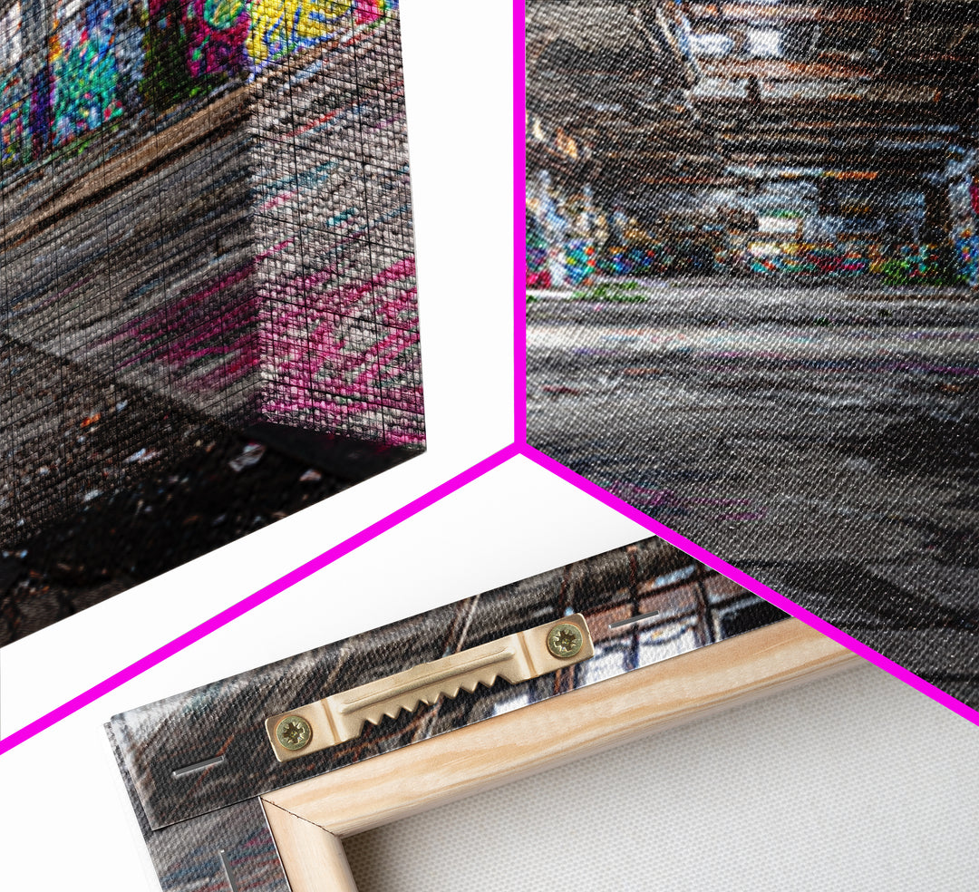 Vibrant Urban Graffiti In Abandoned Warehouse Wall Art Decor Framed Canvas Print For Modern Home Decor