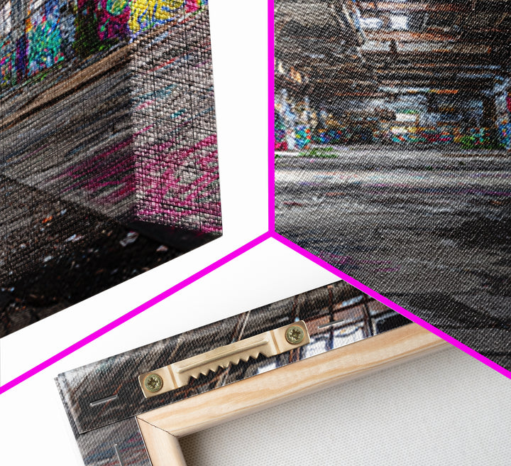 Vibrant Urban Graffiti In Abandoned Warehouse Wall Art Decor Framed Canvas Print For Modern Home Decor