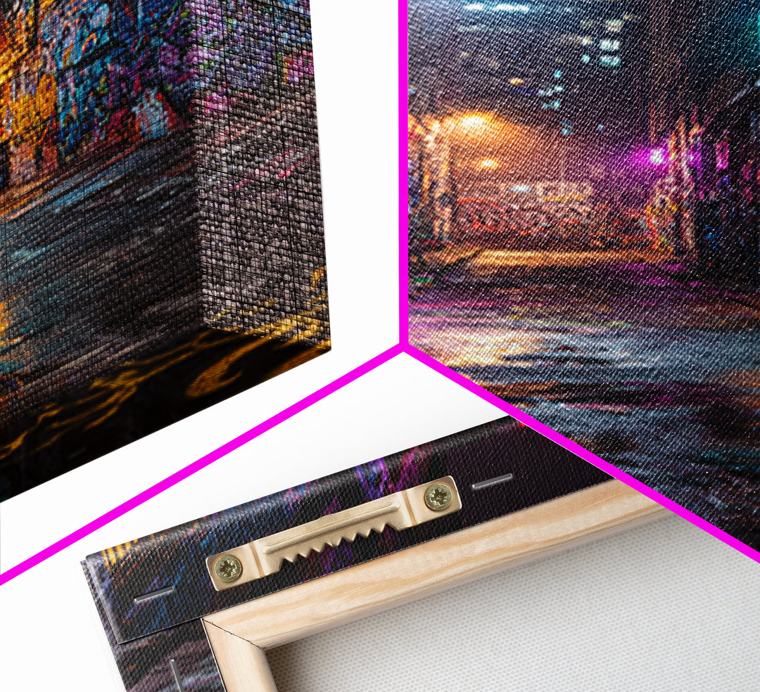 Neon Lit Graffiti Covered Alleyway Night Scene Urban Wall Art Modern Canvas Print For Eclectic Home And Office Decor