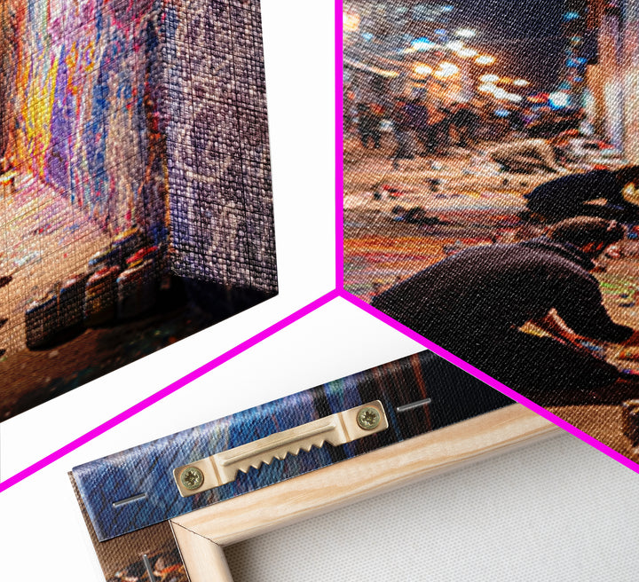 Nighttime Street Artist Painting Bright Graffiti Mural On City Wall - Colorful Wall Art Framed Canvas Print For Home