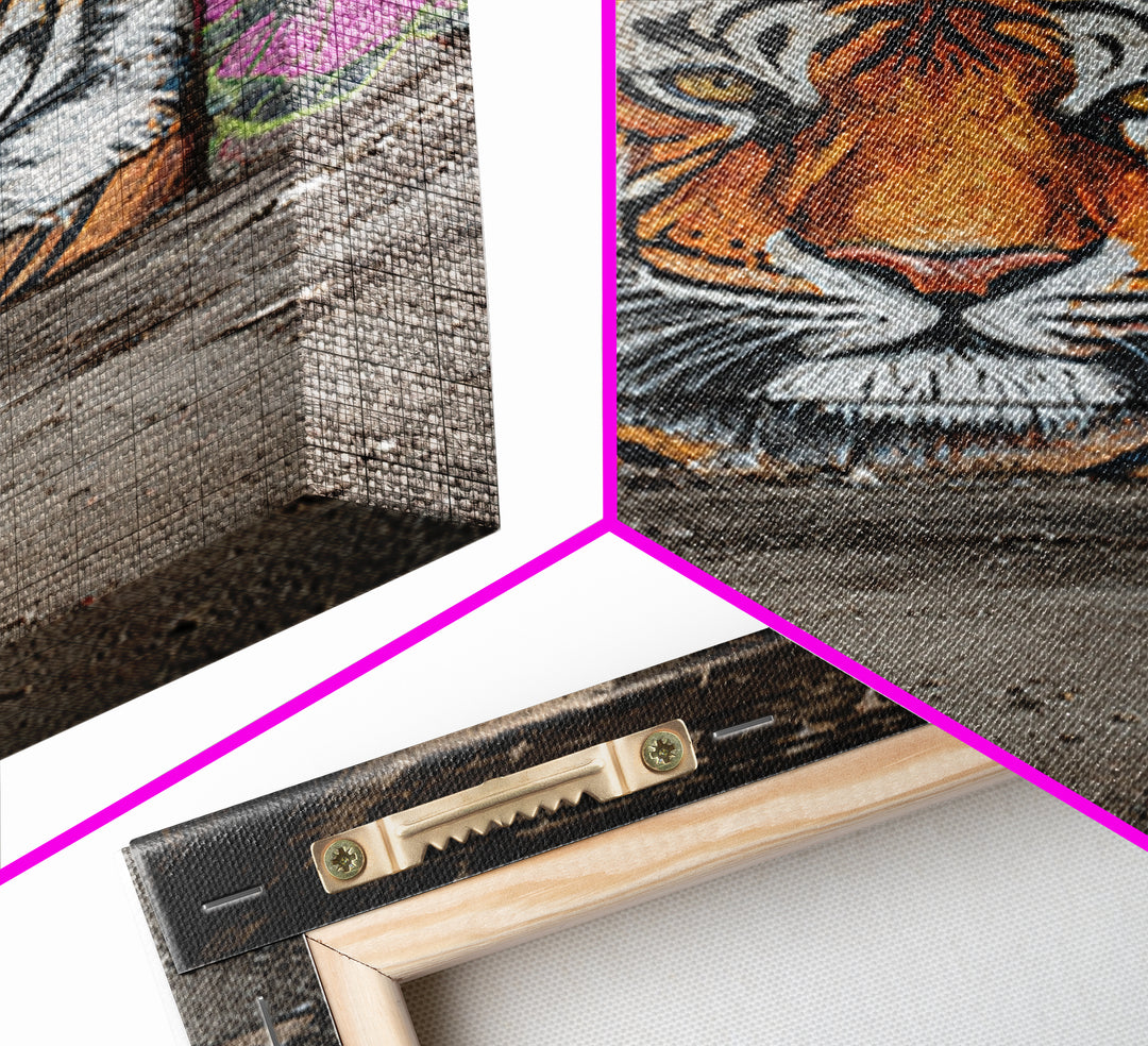 Vibrant Tiger Mural Street Art Urban Wall Art Perfect Framed Canvas Print For Eclectic Living Room Decor Or Gift