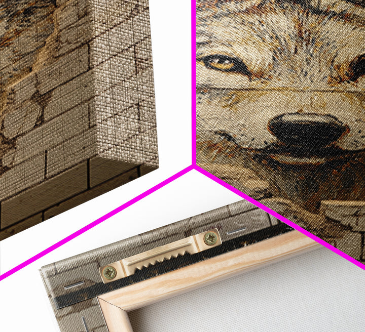 Lion Portrait Painted On Broken Wall Tiles Urban Street Art Mural Wall Art Framed Canvas Print For Edgy Home Decor